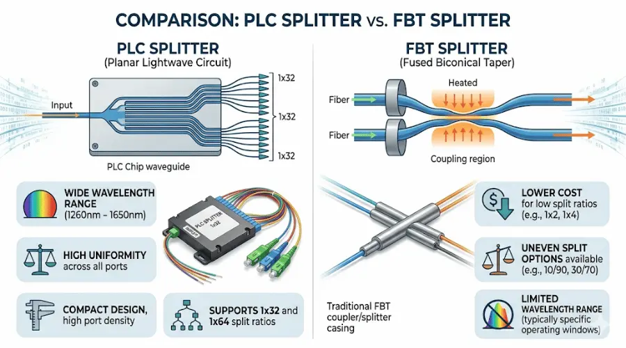 Comparison between PLC splitter and FBT splitter in fiber optic networks