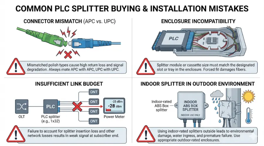 Common PLC splitter mistakes including connector mismatch, wrong package size, and insufficient link budget Common PLC splitter mistakes including connector mismatch, wrong package size, and insufficient link budget