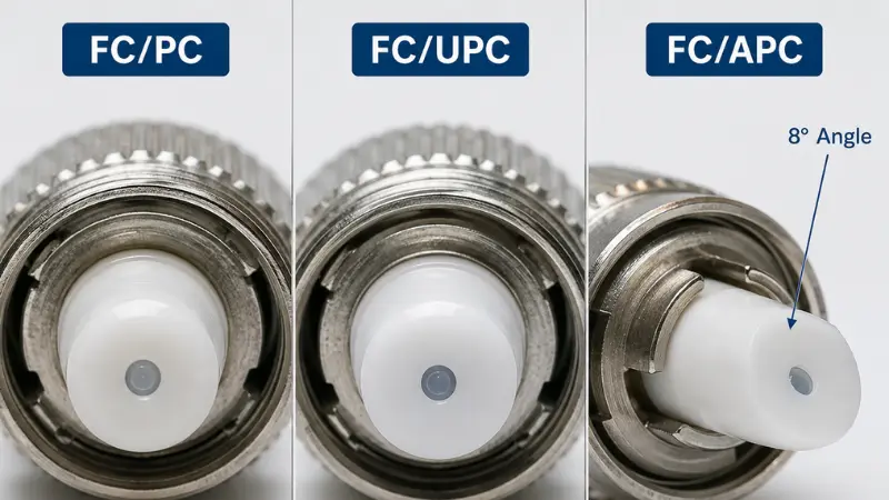 Photorealistic comparison of FC/PC, FC/UPC, and FC/APC fiber connector end-face polish types Photorealistic comparison of FC/PC, FC/UPC, and FC/APC fiber connector end-face polish types